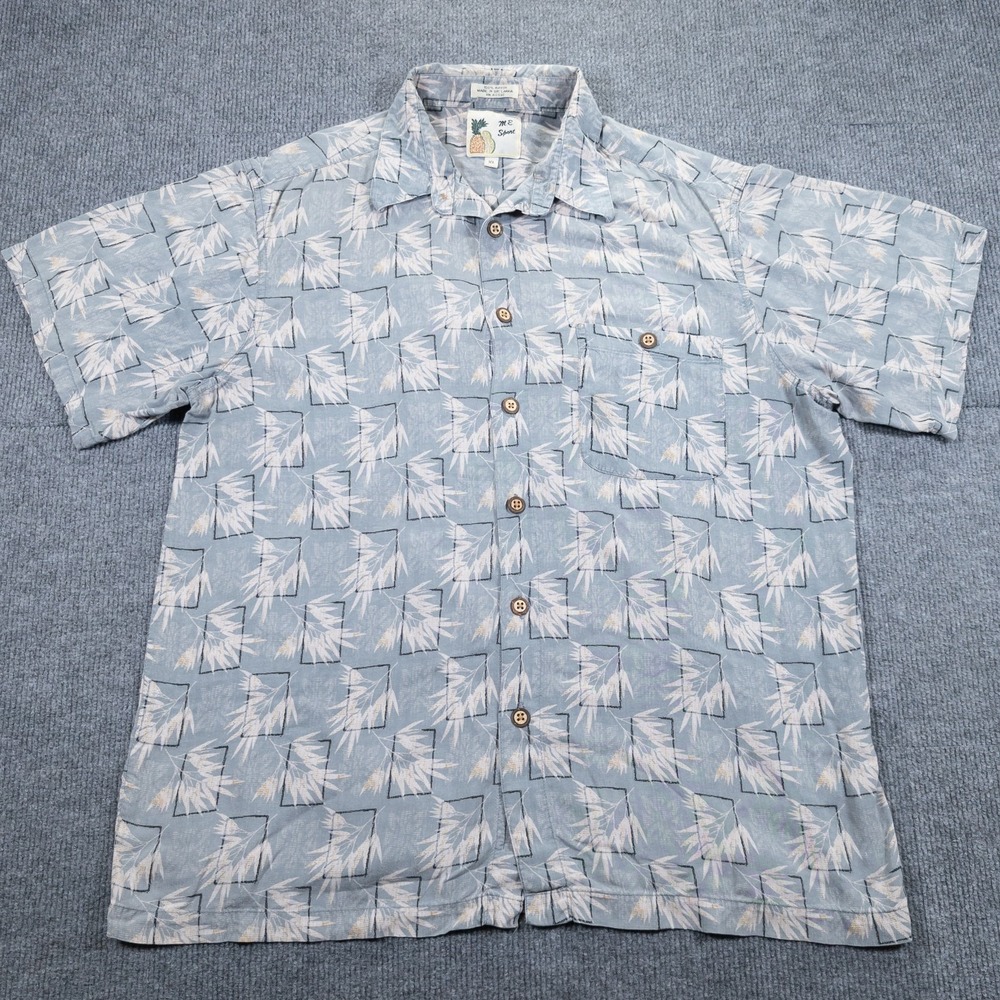 M.E. Sport Hawaiian Aloha Shirt Mens XL Gray Pink Bamboo Leaves Pattern